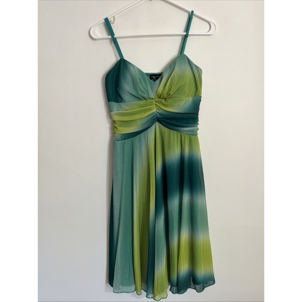 Ruby Rox Large Y2K Vintage Dress Green‎ Yellow Sparkle Glitter Spaghetti Strap